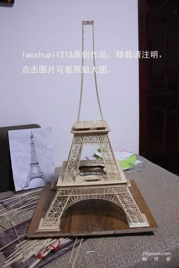 利用筷子,竹签纯diy制作"埃菲尔铁塔"模型的超详细图解步骤教程(11)